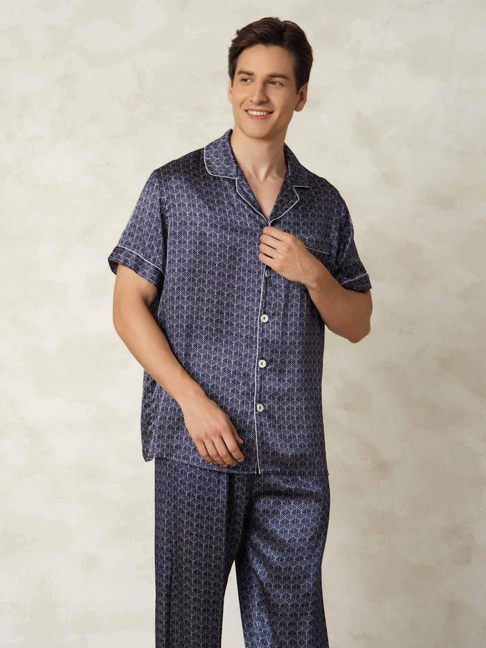 [Navy Ginkgo] SilkSilky  Short Sleeve Lapel Collar Men's Pajamas 003
