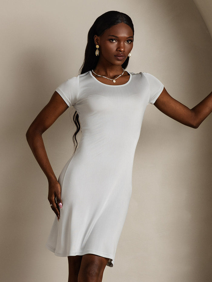 [White] SilkSilky  Short Sleeve Round Neck Nightgown 004