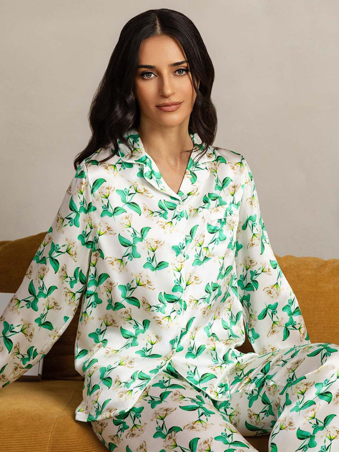 [Green Floral] SilkSilky  Long Sleeve Lapel Collar Women's Pajamas 001