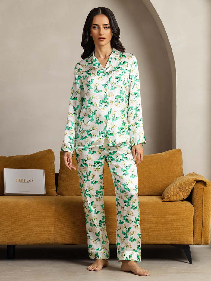 [Green Floral] SilkSilky  Long Sleeve Lapel Collar Women's Pajamas 002