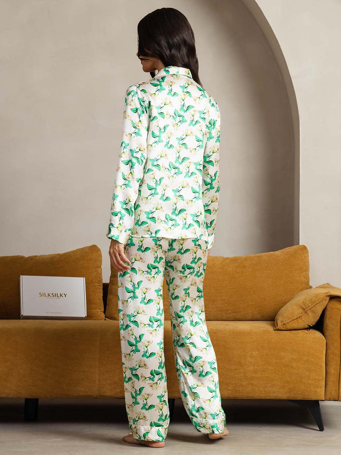 [Green Floral] SilkSilky  Long Sleeve Lapel Collar Women's Pajamas 003