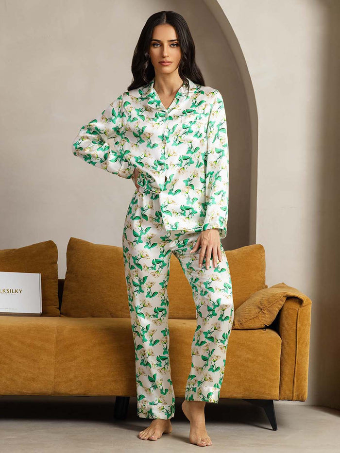 [Green Floral] SilkSilky  Long Sleeve Lapel Collar Women's Pajamas 004