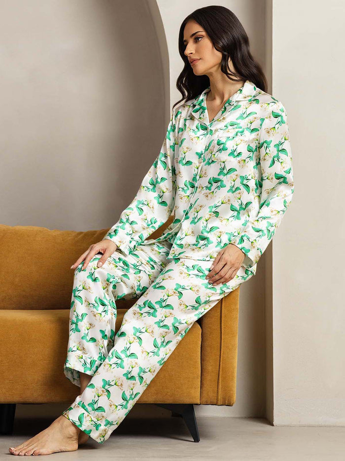[Green Floral] SilkSilky  Long Sleeve Lapel Collar Women's Pajamas 005