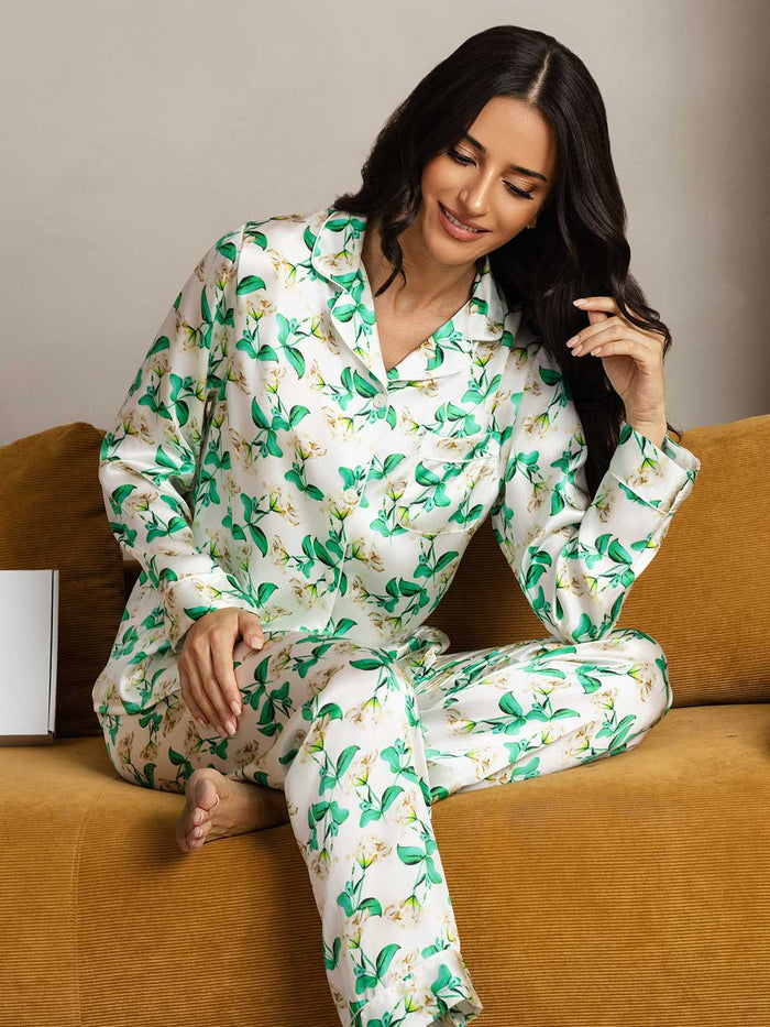 [Green Floral] SilkSilky  Long Sleeve Lapel Collar Women's Pajamas 006