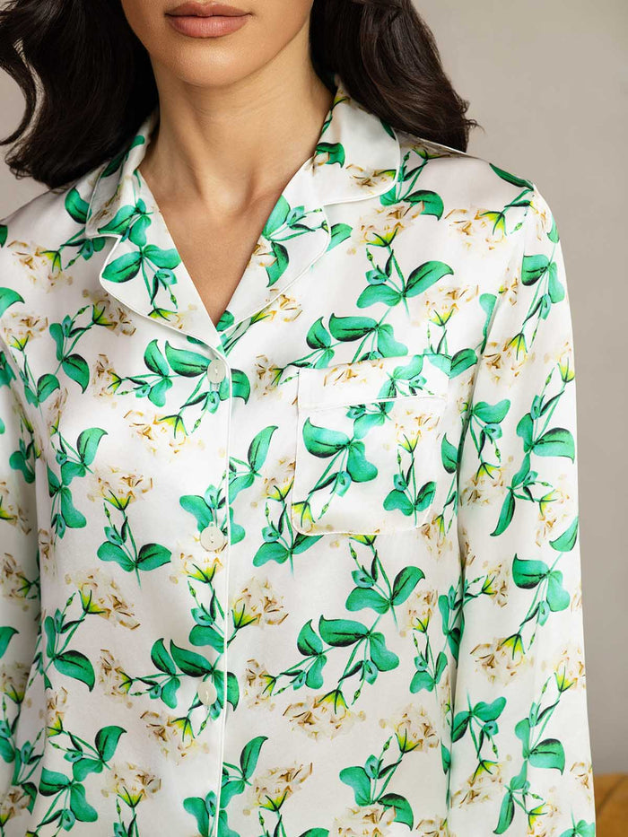 [Green Floral] SilkSilky  Long Sleeve Lapel Collar Women's Pajamas 007