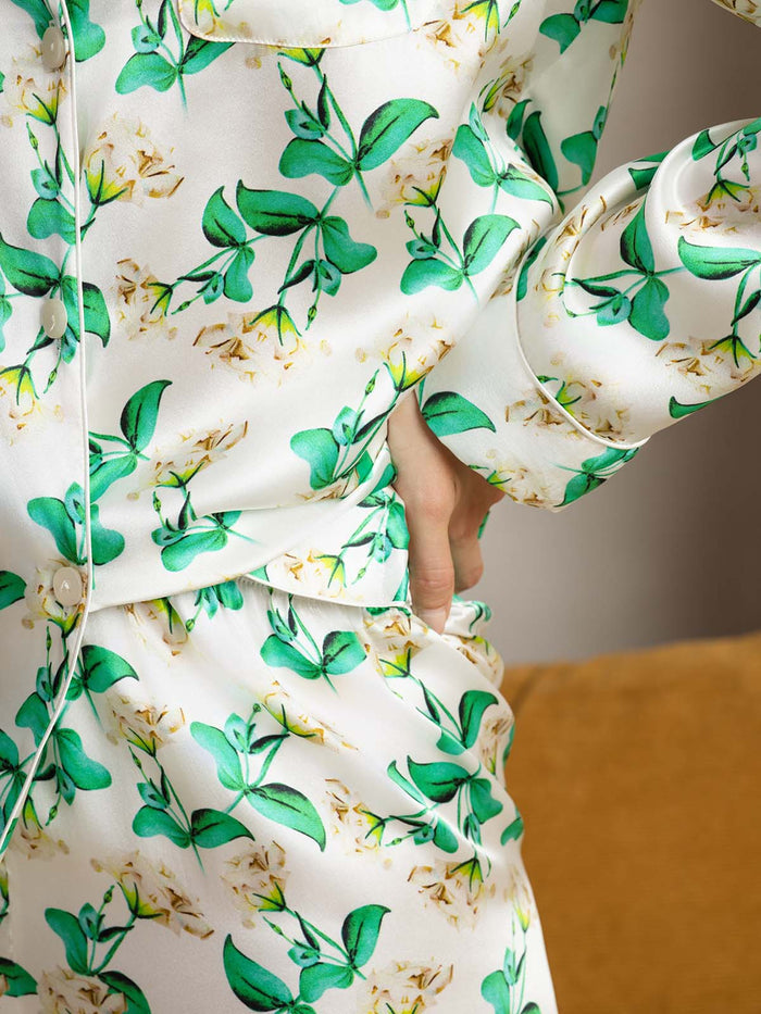[Green Floral] SilkSilky  Long Sleeve Lapel Collar Women's Pajamas 008