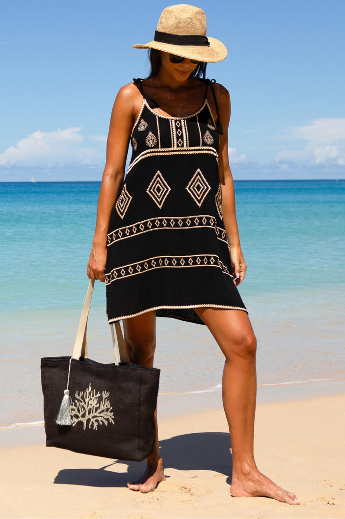 Coral Jute Beach Bag | Black/ Gold - Aspiga