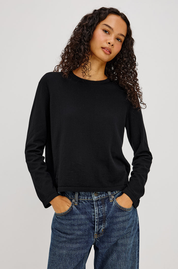 Cotton Cashmere Long Sleeve T-Shirt With Crewneck, Long Sleeve, Slightly Cropped Fit in Black Colorway - Upper Body Front View Featured on Model