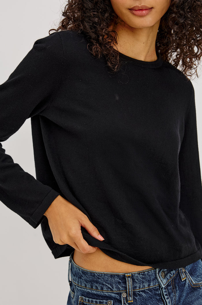 Cotton Cashmere Long Sleeve T-Shirt With Crewneck, Long Sleeve, Slightly Cropped Fit in Black Colorway - Upper Body Front View Featured on Model