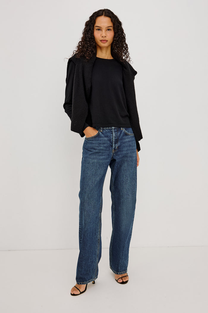 Cotton Cashmere Long Sleeve T-Shirt With Crewneck, Long Sleeve, Slightly Cropped Fit in Black Colorway - Full Body Front View Featured on Model