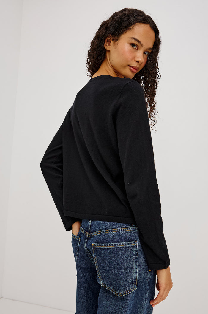 Cotton Cashmere Long Sleeve T-Shirt With Crewneck, Long Sleeve, Slightly Cropped Fit in Black Colorway - Upper Body Back View Featured on Model
