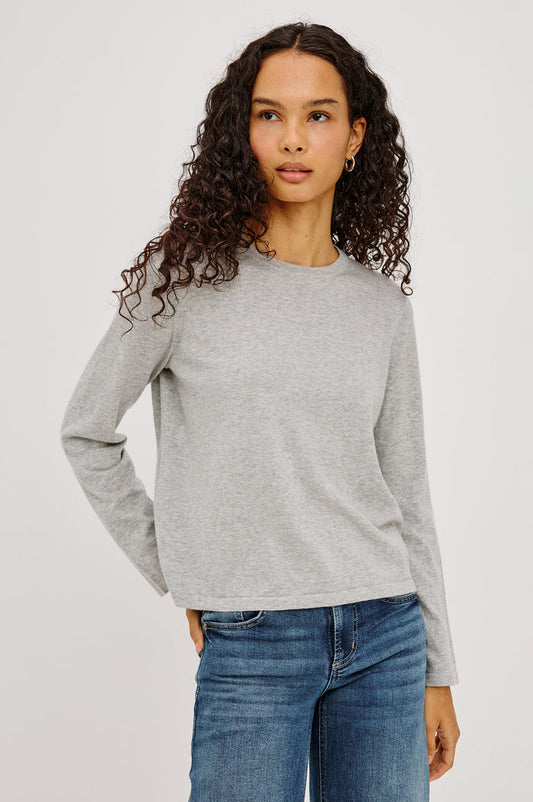 Cotton Cashmere Long Sleeve T-Shirt With Crewneck, Long Sleeve, Slightly Cropped Fit in Heather Grey Colorway - Upper Body Front View Featured on Model