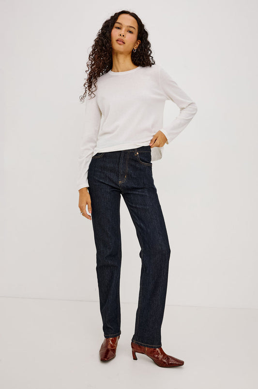 Cotton Cashmere Long Sleeve T-Shirt With Crewneck, Long Sleeve, Slightly Cropped Fit in White Colorway - Full Body Front View Featured on Model