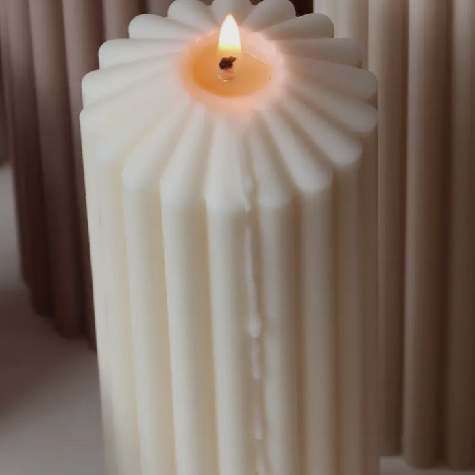 Cream Tall Ribbed Thick Soy Scented Candle 20x7cm
