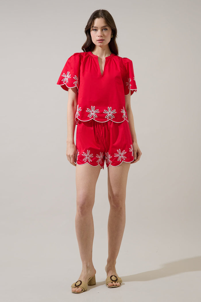 Dayna Embroidered Scallop Split Neck Top