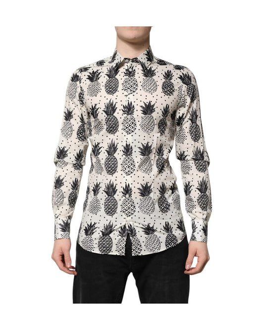 Dolce & Gabbana White Pineapple Print Long Sleeve GOLD Shirt