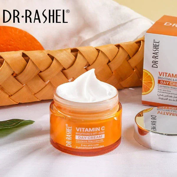 Dr. Rashel Vitamin C day cream jar with packaging on a light background