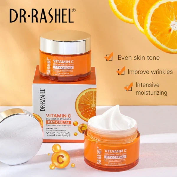 DR. RASHEL Vitamin C day cream with packaging and oranges on a light background
