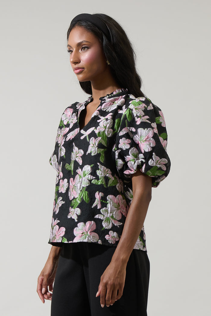 Elsinore Floral Jacquard Split Neck Top
