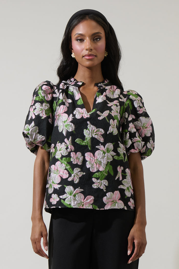 Elsinore Floral Jacquard Split Neck Top