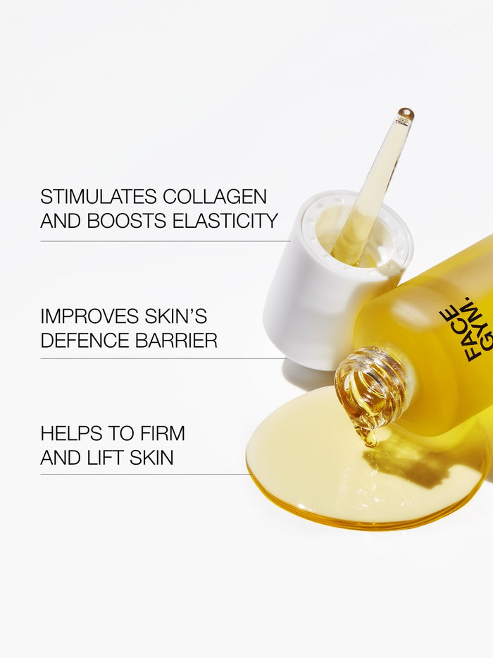 Face Coach face oil benefits. Stimulates collagen. Improves skin's defence barrier and helps to firm and lift skin.