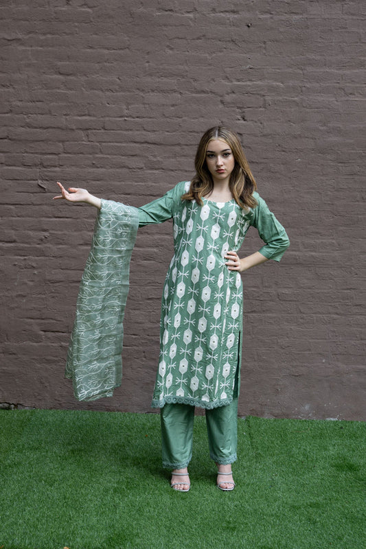 Fancy Cotton Silk Embroidered Acadia Green Palazzo Suit