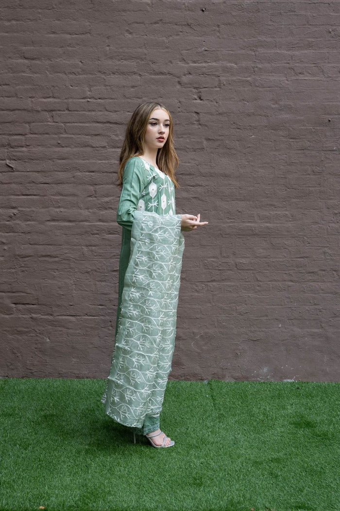 Fancy Cotton Silk Embroidered Acadia Green Palazzo Suit