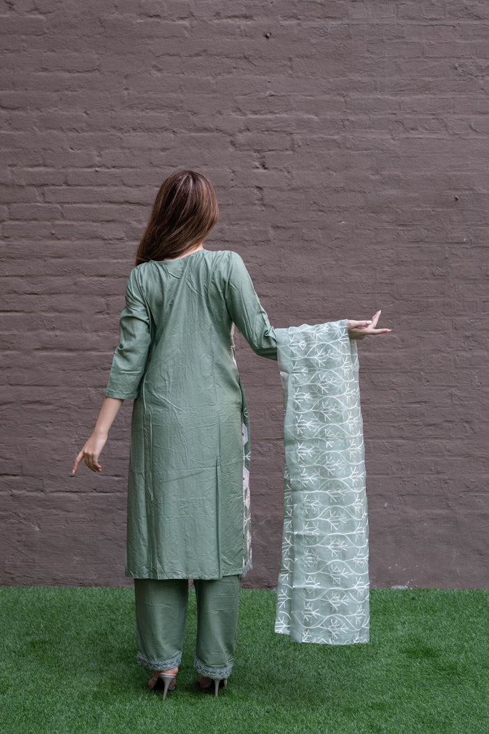 Fancy Cotton Silk Embroidered Acadia Green Palazzo Suit