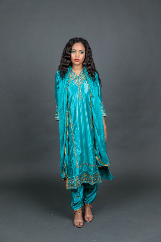 Fancy Embroidered Turquoise With Embroidered Churidaar Pants Suit