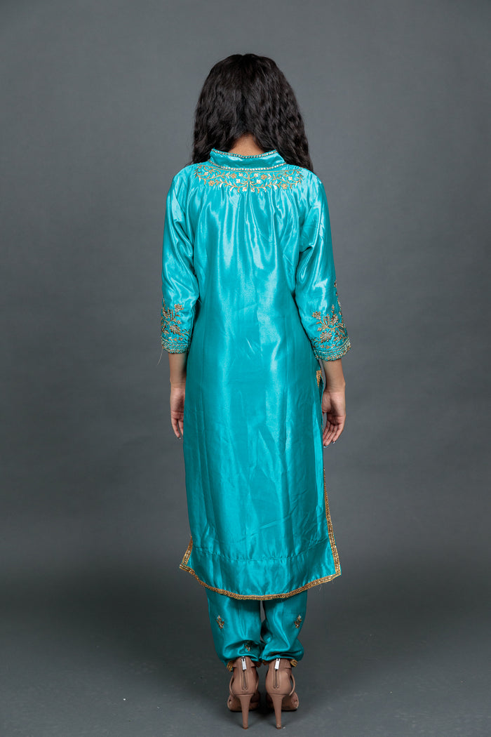 Fancy Embroidered Turquoise With Embroidered Churidaar Pants Suit