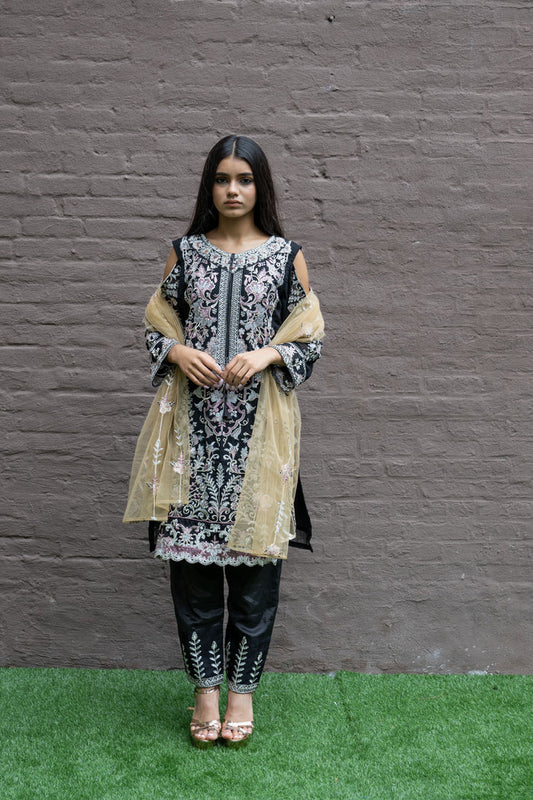 Fancy Heavy Embroidered Black With Ankle Pants Suit