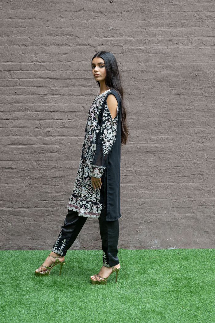 Fancy Heavy Embroidered Black With Ankle Pants Suit