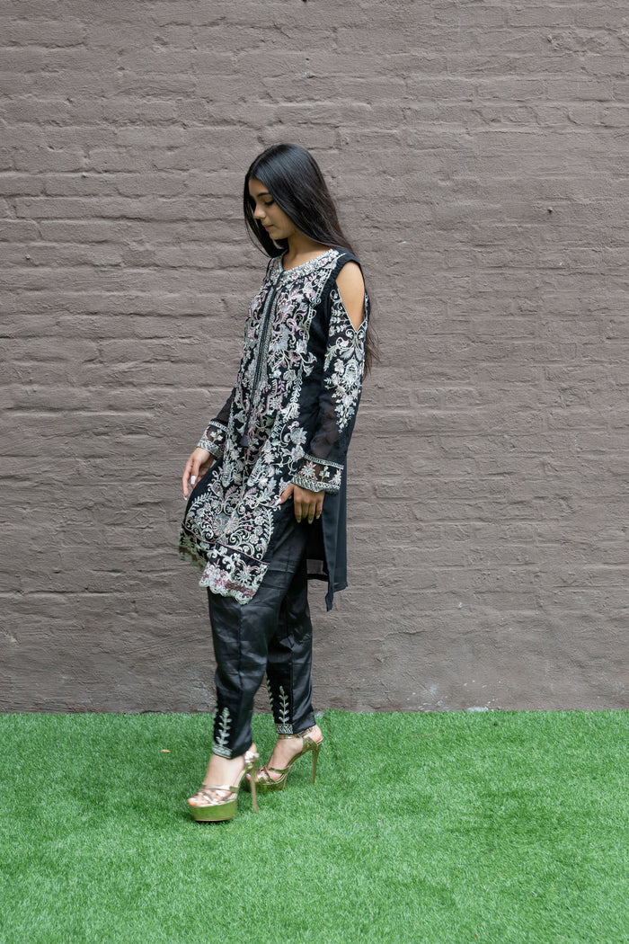 Fancy Heavy Embroidered Black With Ankle Pants Suit