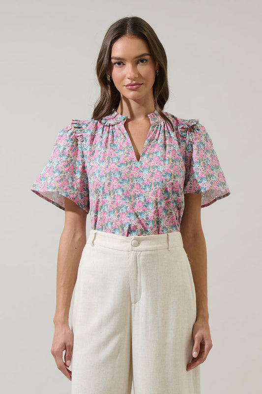 Gemalee Eyelet Mei Split Neck Top