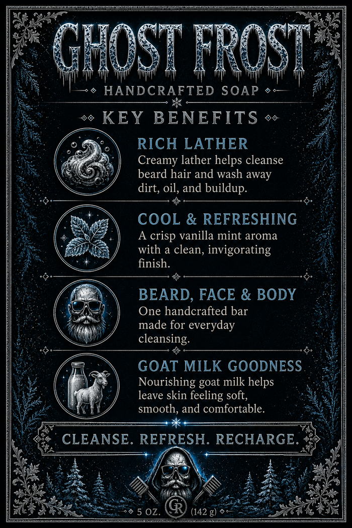 Ghost Frost Handcrafted Soap key benefits – rich lather, cool and refreshing vanilla mint, beard face and body use, goat milk goodness – cleanse refresh recharge – 4.5 oz