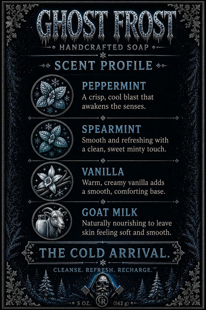 Ghost Frost Handcrafted Soap scent profile – peppermint, spearmint, vanilla, goat milk – crisp cool refreshing vanilla mint – The Cold Arrival – Groom Reaper