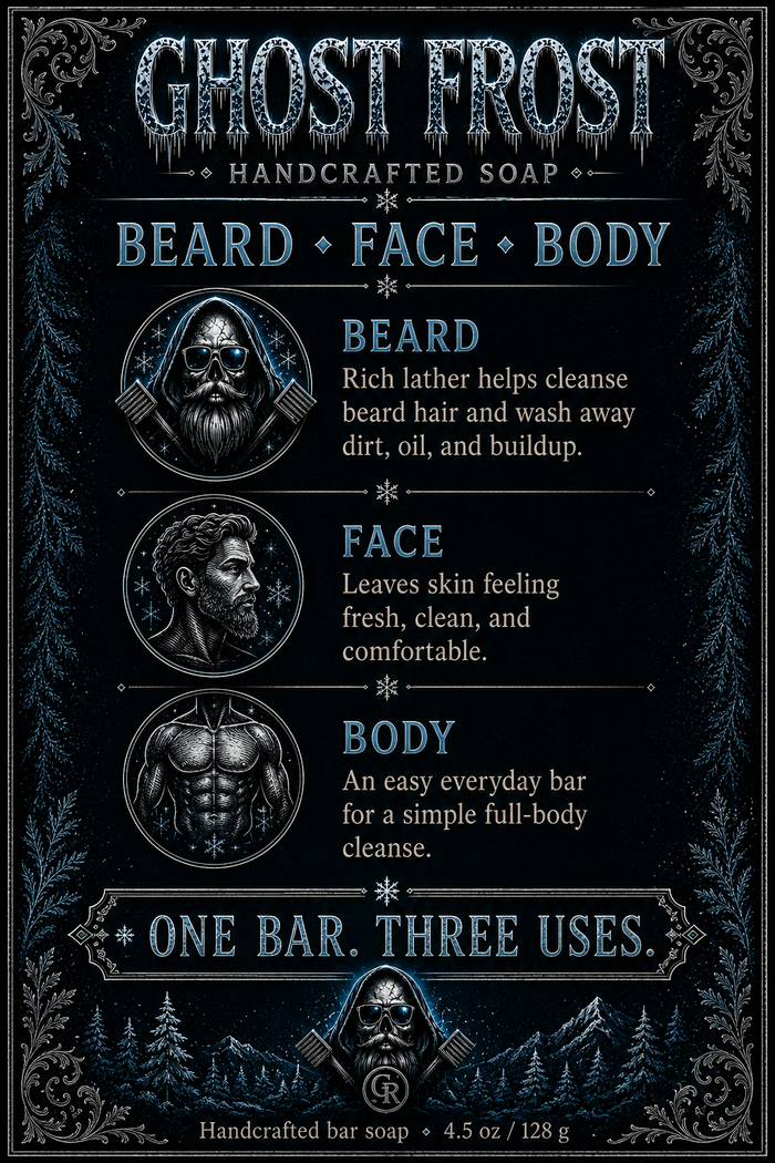 Ghost Frost Handcrafted Soap – one bar three uses – beard cleansing, fresh face, full body wash – 4.5 oz handcrafted bar soap for men – Groom Reaper Trade & Tonic Co