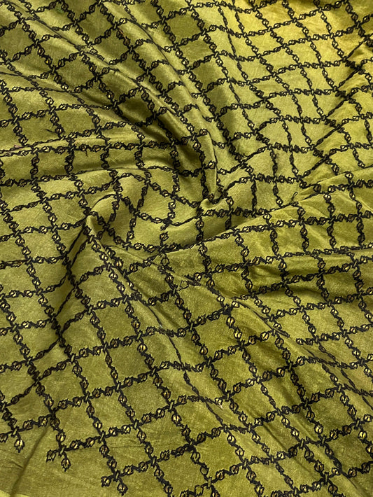 Green embroidered chandheri fabric