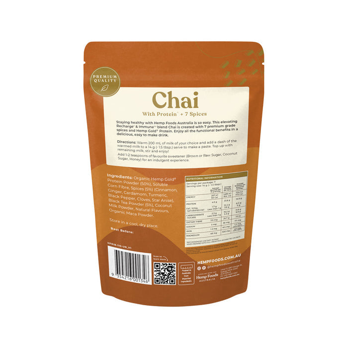 HEMP FOODS AUSTRALIA Chai Recharge + Immune With Protein + 7 Spices 100g - L'Organic