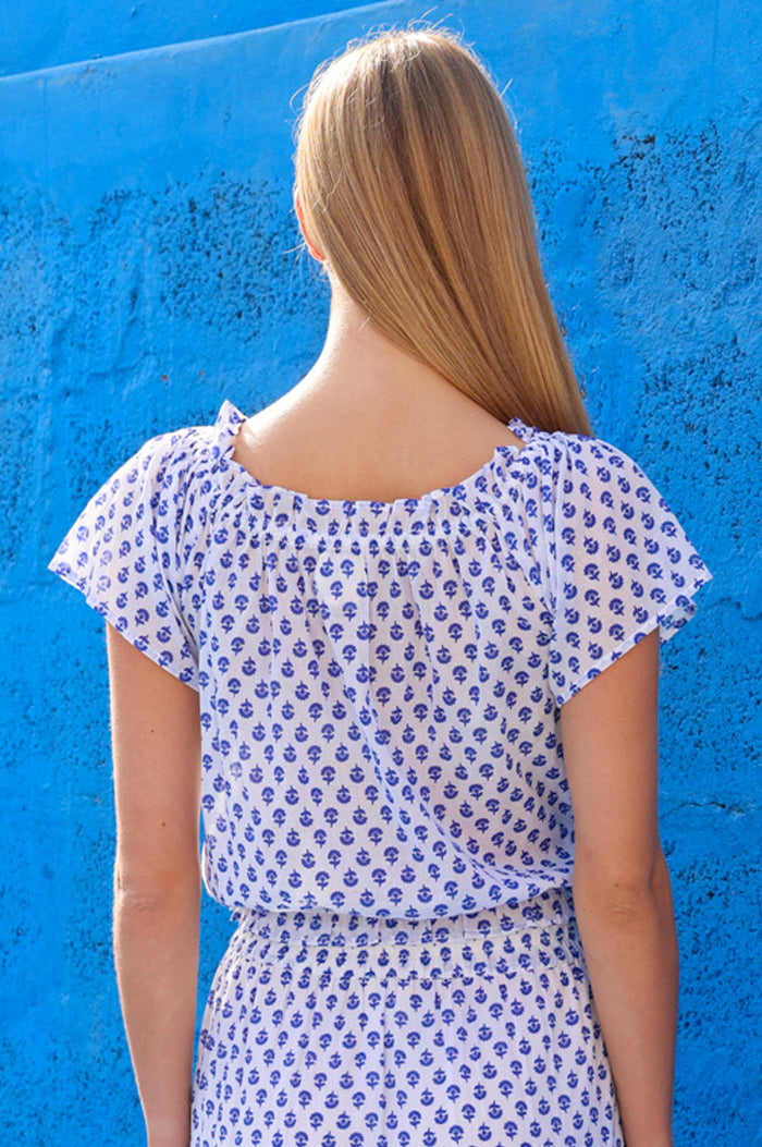 APPROVED Ilana Printed Organic Cotton Top | White/Cobalt - Aspiga