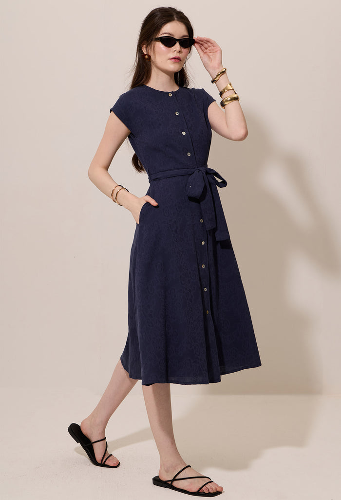 Jacquard Button Down Ribbon Belt Midi Dress