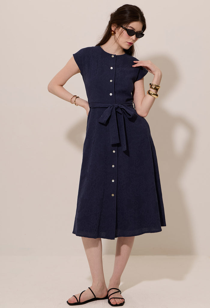 Jacquard Button Down Ribbon Belt Midi Dress