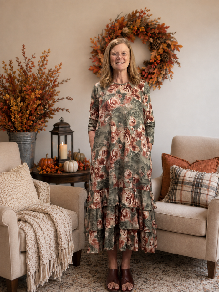 Jazzy Sage & Brown Floral Dress-Restock S-3X shipping 8/28/26