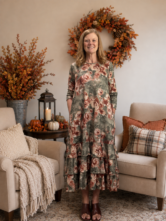 Jazzy Sage & Brown Floral Dress-Restock S-3X shipping 8/28/26