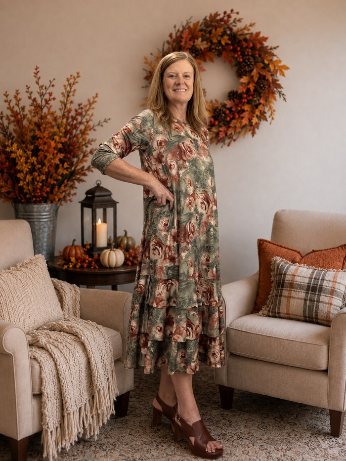 Jazzy Sage & Brown Floral Dress-Restock S-3X shipping 8/28/26