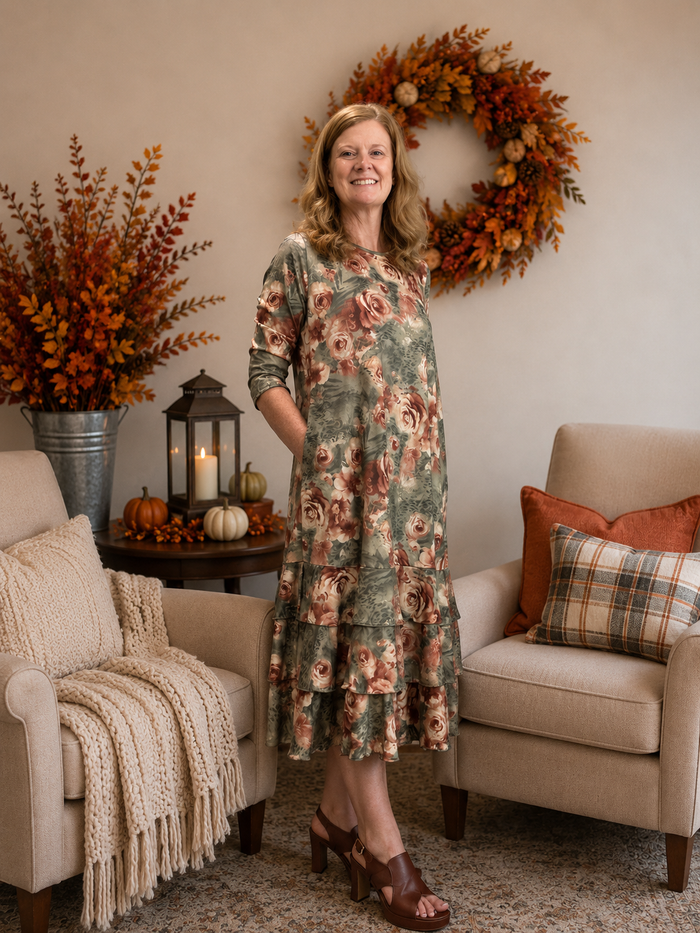 Jazzy Sage & Brown Floral Dress-Restock S-3X shipping 8/28/26