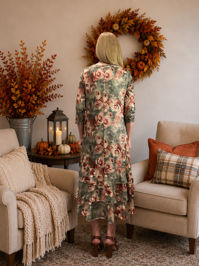 Jazzy Sage & Brown Floral Dress-Restock S-3X shipping 8/28/26