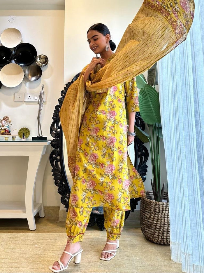 Jeet Yellow Floral Afghan Set
