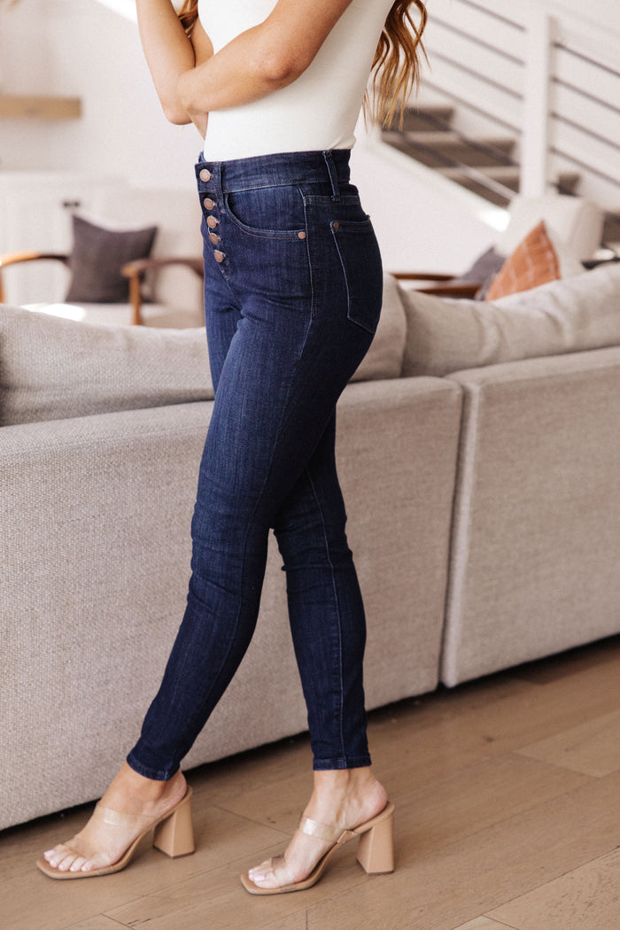 Judy Blue High Waist Hand Sanded Resin Button Fly Skinny Jeans
