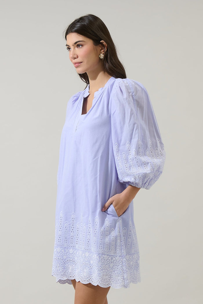 Karlee Eyelet Victoria Shift Split Neck Mini Dress